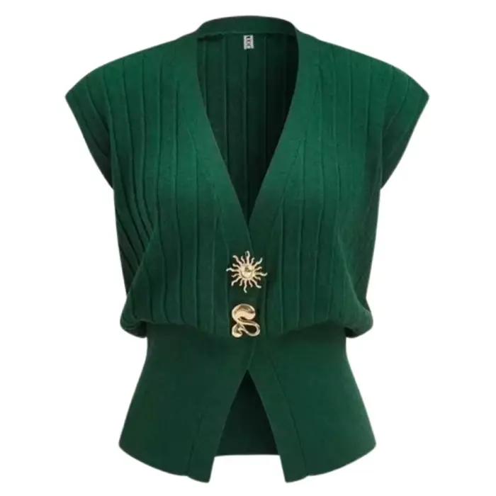 Gilet en tricot vert foncé pour femme, col en V, sans manches, coupe courte ajustée, décontracté, st