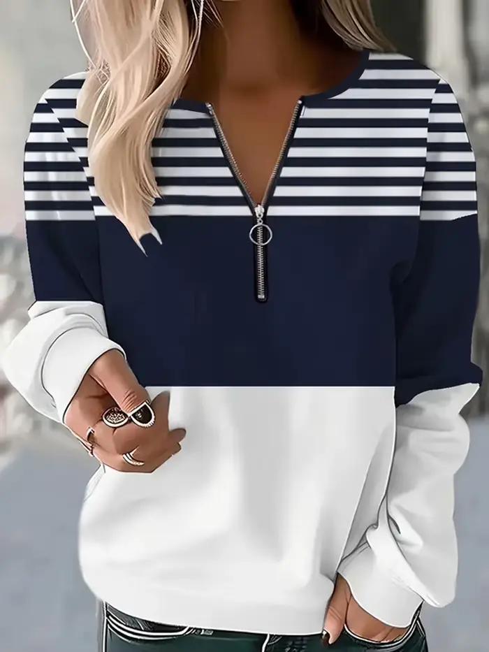 Pull femme quart zippé à rayures, adapté aux vêtements de rue, usage quotidien, style décontracté im