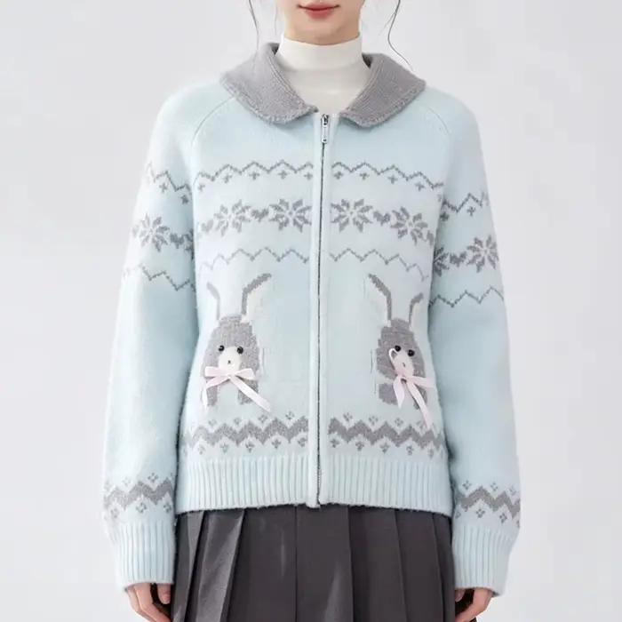 Pull décontracté bleu clair à col lapin pour femme, manches longues, style Y2K, mignon, Harajuku, mo