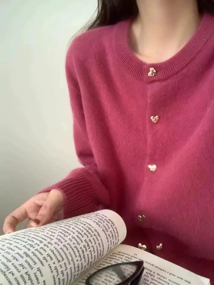 Cardigan tricoté en cachemire pour femme, col rond, boucle d'amour, couleur unie, Joker, pull à basc