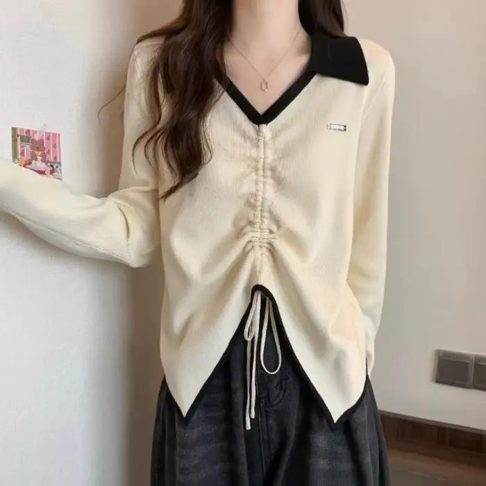 Pull en tricot pour femmes, col supérieur, cordon de serrage, ourlet fendu irrégulier, élégant et dé