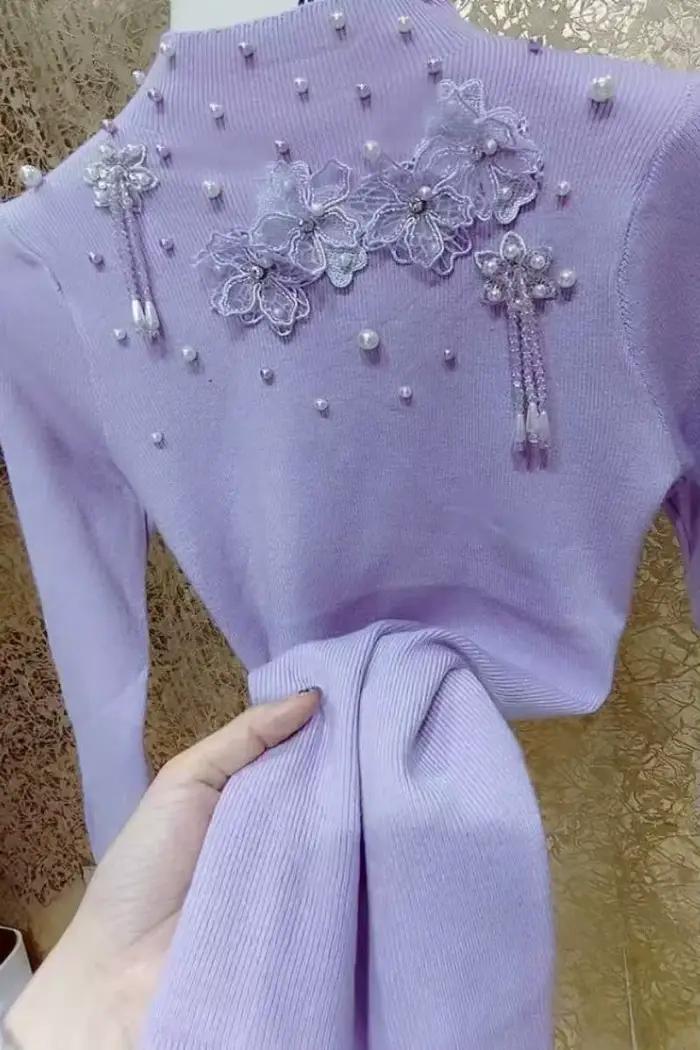 Pull en tricot pour femme avec perles, cristaux, pompons et fleurs brodées, collection Printemps-Aut