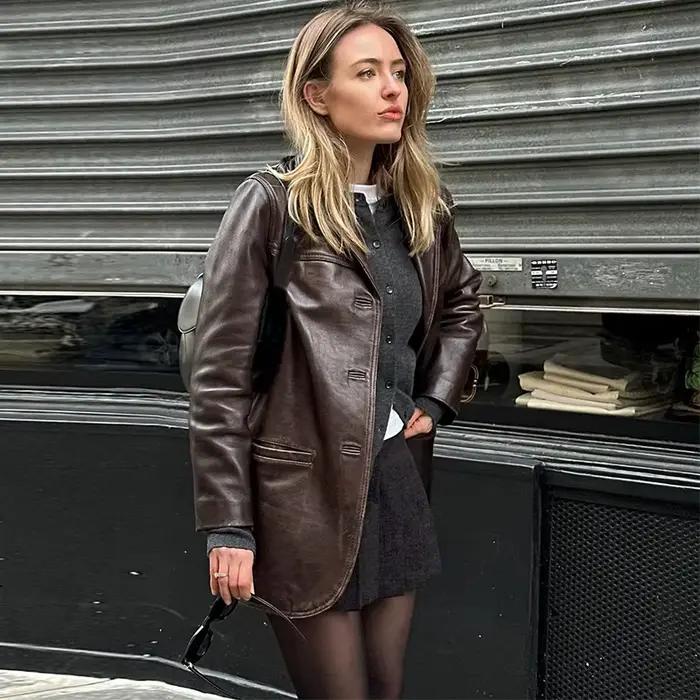 Veste en cuir PU marron vintage pour femme, revers, poche boutonné, tempérament de trajet, manteau d