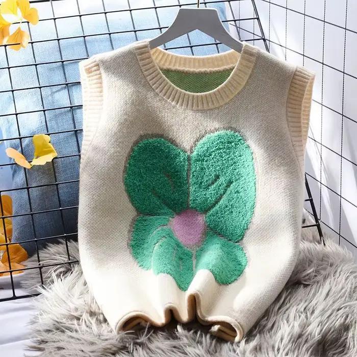 Chandails pour femmes, gilet court Beige, gilets courts en tricot amples pour femmes, pull à fleurs 