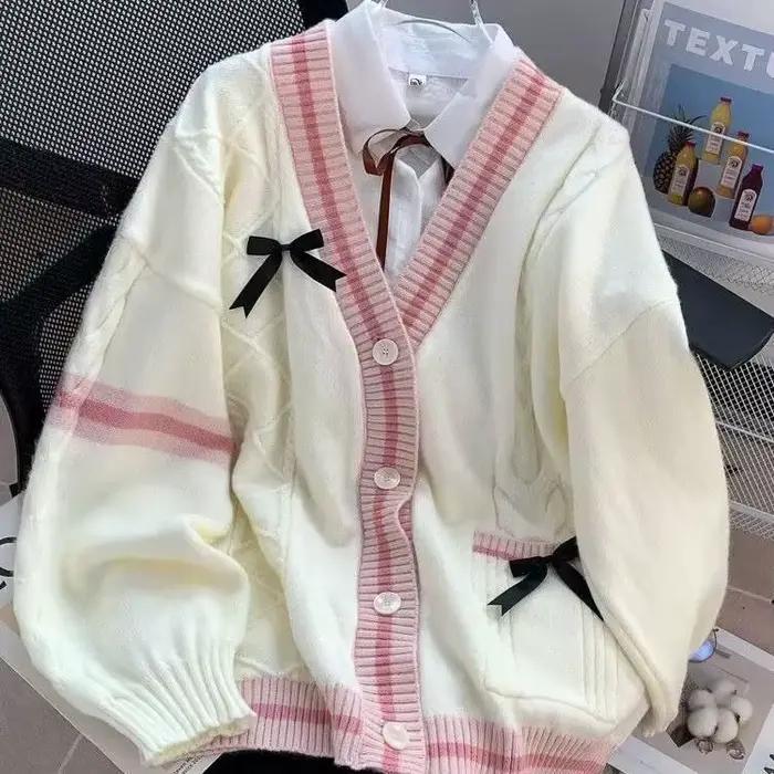 Gilet en tricot ample pour femme, style décontracté avec nœud papillon, design anti-âge, style japon