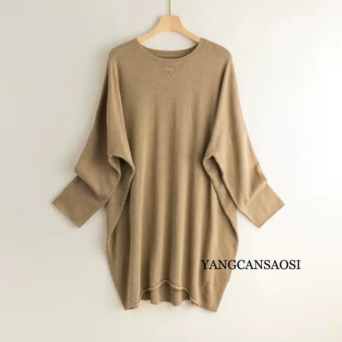 Pull en cachemire de soie pour femmes, col rond, couleur unie, bas, haut mi-long, manches chauve-sou