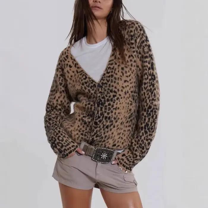 Cardigan imprimé léopard Y2K, col en V, haut ouvert en tricot pour femmes, Style rétro américain, Se