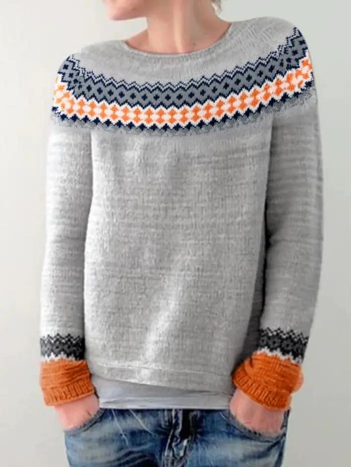 Pull en tricot gris à motif nordique pour femme, col rond, décontracté, manches longues, pull à bloc