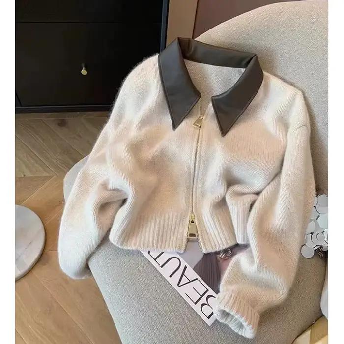 Femmes col en cuir Patchwork Double fermeture éclair tricot Cardigan doux confortable tricoté pull m