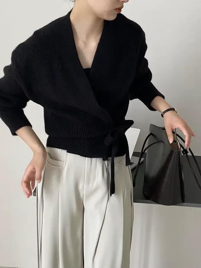 Pull col V à nœud papillon pour femme, collection début d'automne, cardigan court taille haute avec 