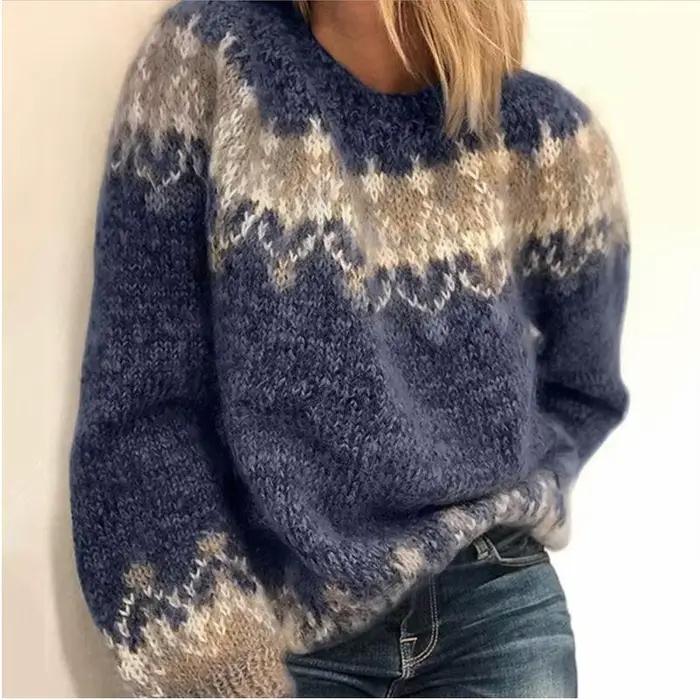 Pull patchwork à manches longues pour femmes, pull élégant, col rond, chaud, optique, vintage, hiver
