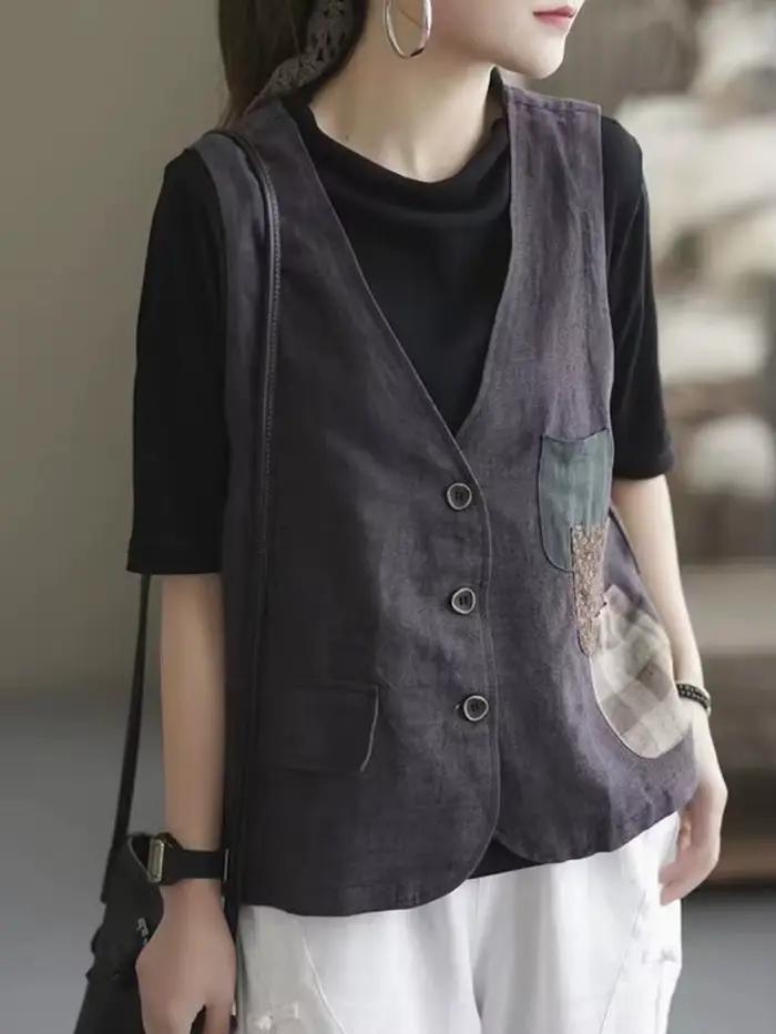 Gilets femmes Patchwork poches Vintage rétro respirant décontracté Chic Design élégant mode Style co
