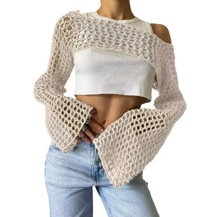 Y2K manches haussement d'épaules pull fibres acryliques douces femmes Crochet haut court à manches l