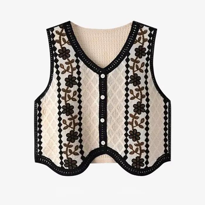 Gilet en Crochet pour femme, avec broderie de fleurs, bouton sur le devant, chemisier sans manches, 