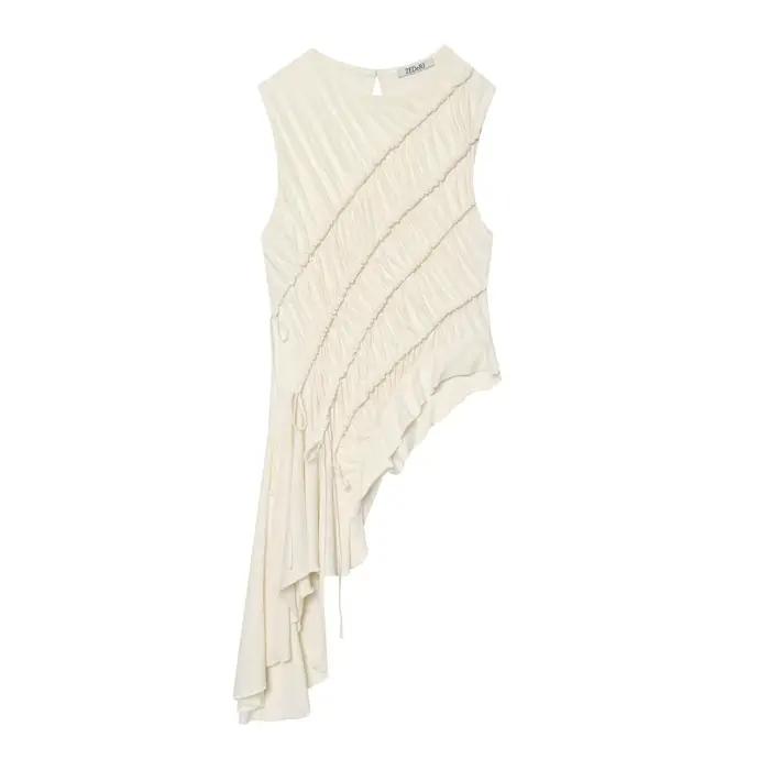 Nouvel Arrivage : Gilet sans Manches Plissé Asymétrique Amincissant Style Français Tendance pour Fem