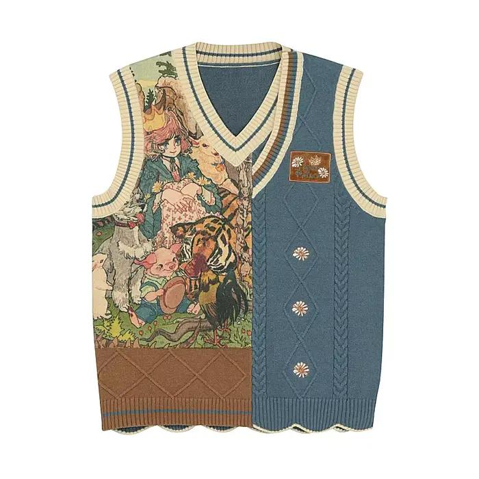 Gilet en Jacquard tricoté pour femmes, pull Vintage doux, décontracté, dessin animé, Tops, col en v,