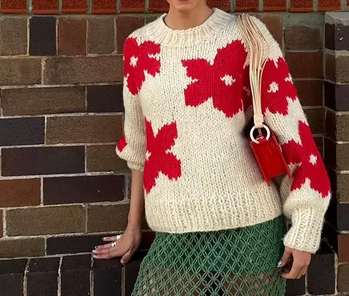 Pull automne/hiver à col rond, chemise tricotée décontractée à col haut avec broderie florale