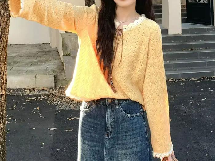 Pull en tricot ajouré jaune doux et élégant pour femme, nouvelle collection printemps 2026, coupe am