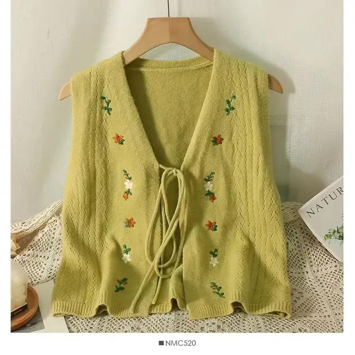 Gilet en tricot brodé floral vert lime pour femmes, col en V, à nouer devant, sans manches, décontra