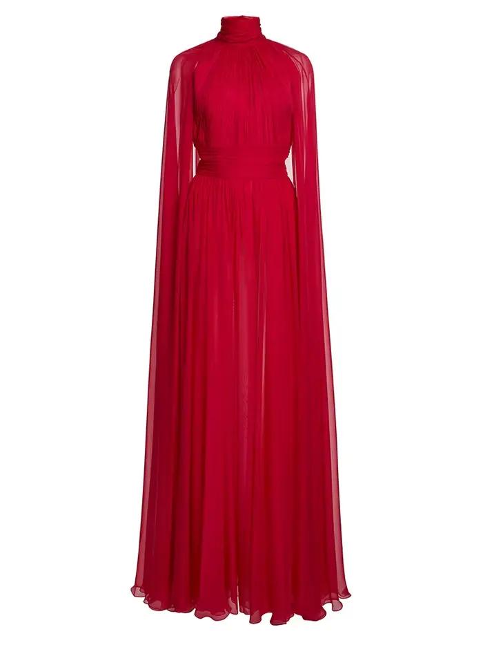 Robe de soirée rouge en mousseline de soie, col haut, manches Cape, robe Maxi plissée élégante pour 