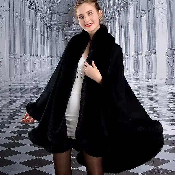 Poncho At Pendule Cape pour Femme, Vert, Dos Long, Everak, Grand Col en Fausse Fourrure de Lapin, St
