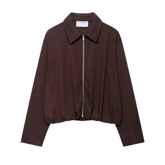 Mode femmes solide fermeture éclair col veste revers cou manches longues recadrée Style manteau 2025