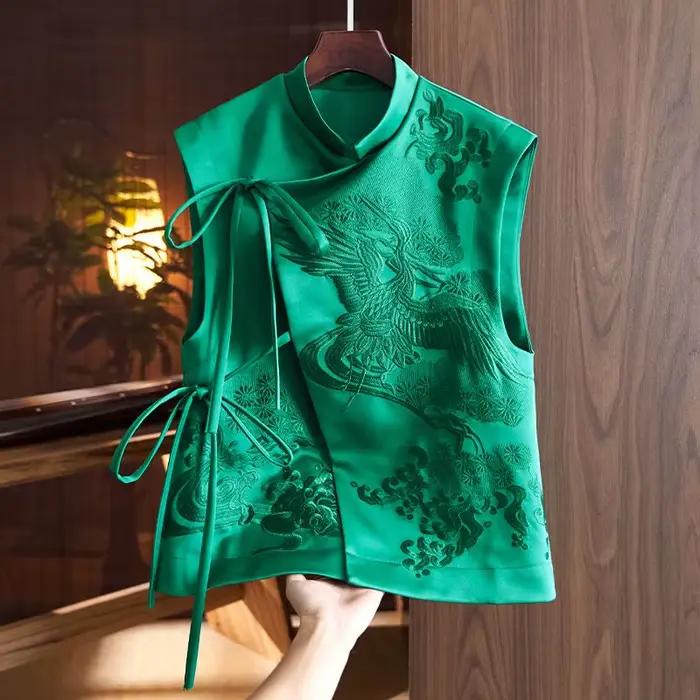 Gilet d'extérieur Vintage de Style chinois, grue blanche/fleurs, gilets à laçage brodés, vêtements é