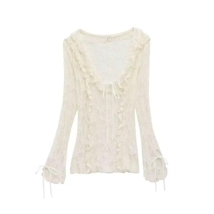 Haut de mode féminin amincissant à manches longues, col en dentelle, design superposé, style urbain,