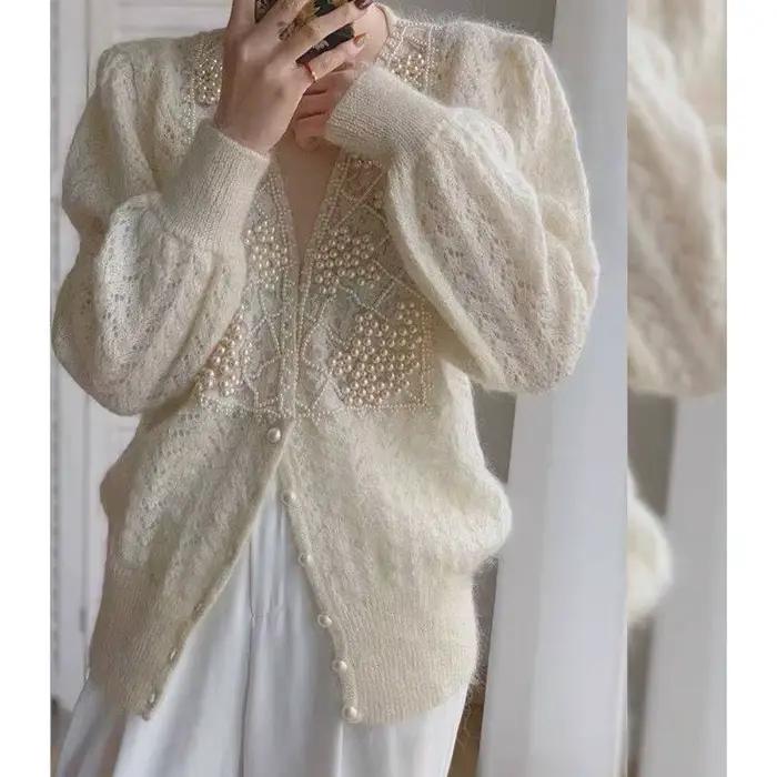 Cardigan en dentelle pour femmes, manteau de luxe, orné de perles, tricot ajouré, Construction franç