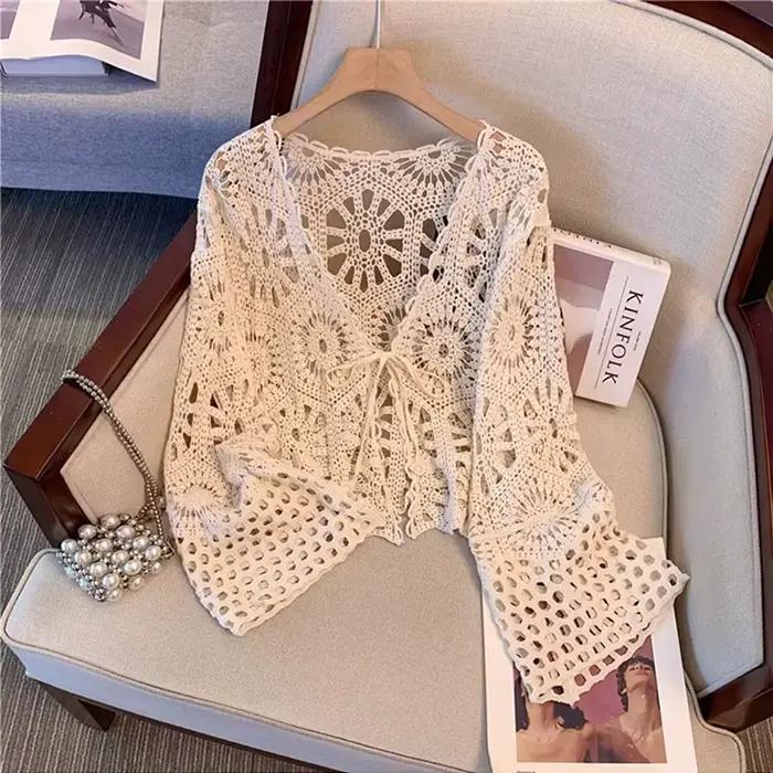 Haut en crochet à nouer, châle Granny Square à points ouverts, cardigan ajouré en tricot, chemisier 