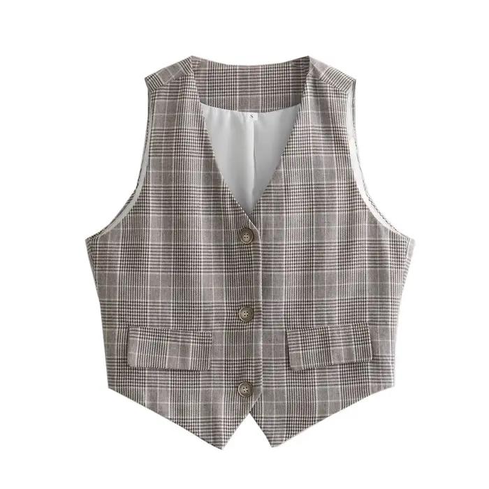 Inzatrafs-Blazers vintage pour femmes, vestes à carreaux, manteau court, vêtements d'extérieur en Y 