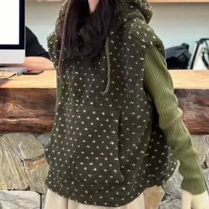 Gilet chaud à capuche en laine d'agneau artificielle pour femme, haut ample, automne et hiver 2025