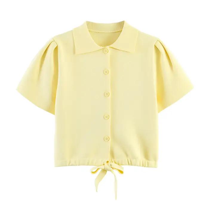Cardigan pour femme avec lien, Nouvelle collection Printemps-Été 2026, Col à revers, Manches courtes