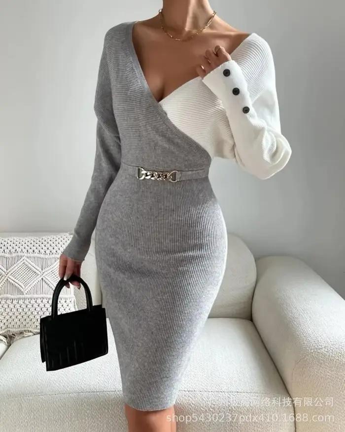 Robe pull taille haute pour femme, décor de boutons, gaine sexy, manches longues, col en V, mi-longu