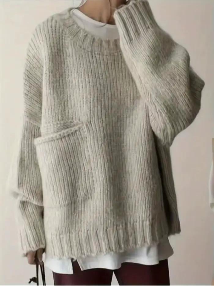 Pull décontracté à col rond et manches longues pour femmes grandes tailles avec poches latérales
