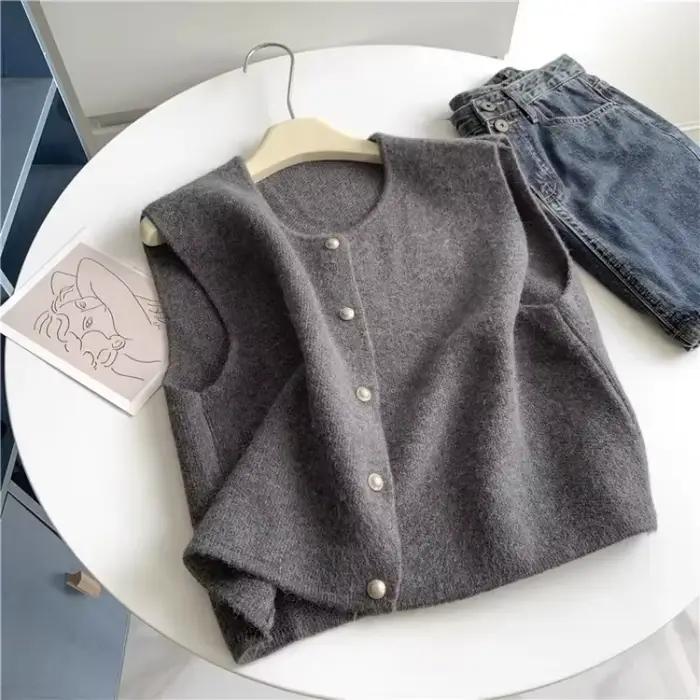Gilet Vintage à Col Rond pour Femme, Vêtement à Simple Boutonnage, Style Coréen, 2025, 27t929