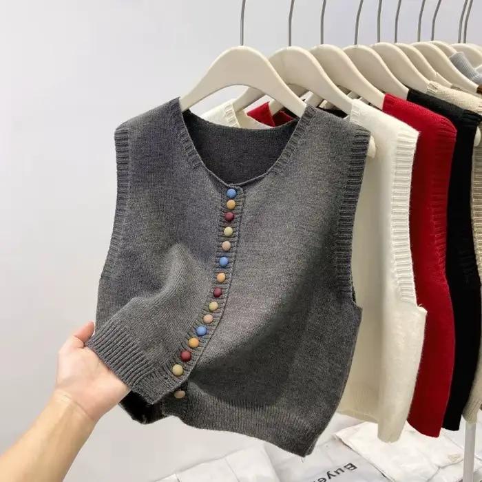Pull gilet automne femmes arc-en-ciel simple boutonnage bouton doux pull en tricot ample col en v tr