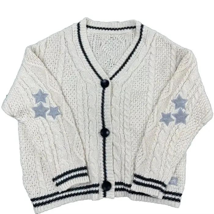 Cardigan Triblockchain Imprimé à Manches sulfet Col en V pour Femme, Pull Chic, Vintage, Étoile, Pre
