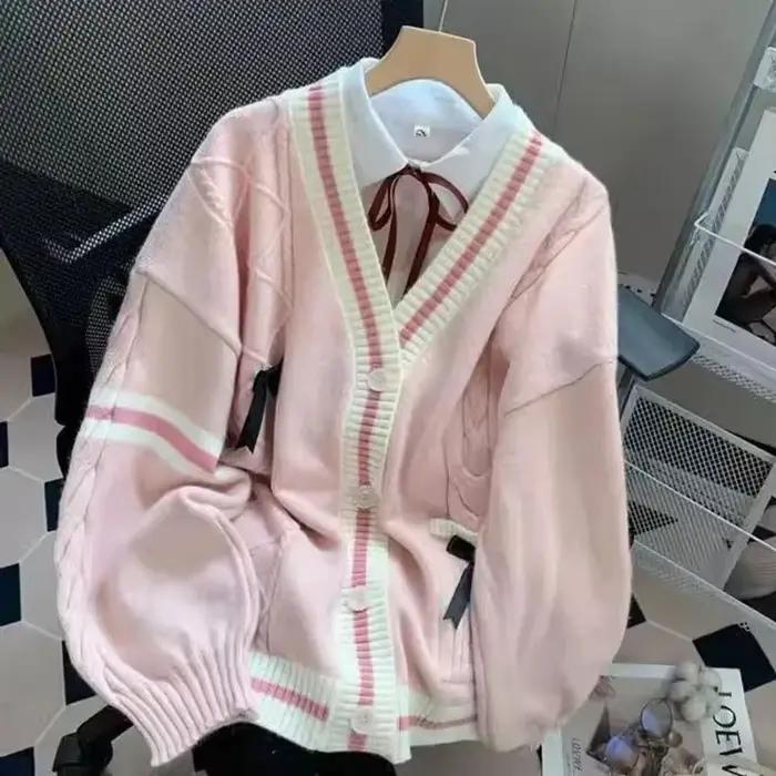Cardigan tricoté à col en v pour femme, pull à nœud doux, esthétique Y2K, couleur contrastée, Kawaii