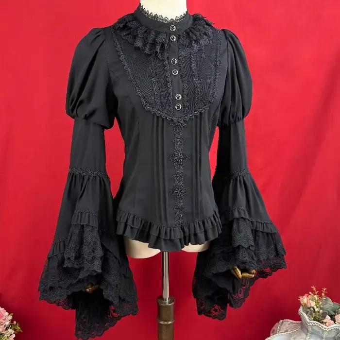 Chemisier victorien vintage Lolita pour femme, chemise à manches évasées, col montant, patchwork en 