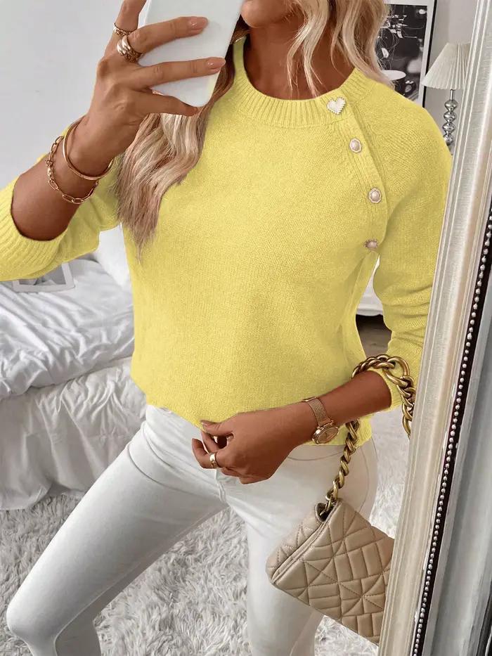 Pull tricoté décontracté, col rond, manches longues, épaule diagonale, bouton, nouveau