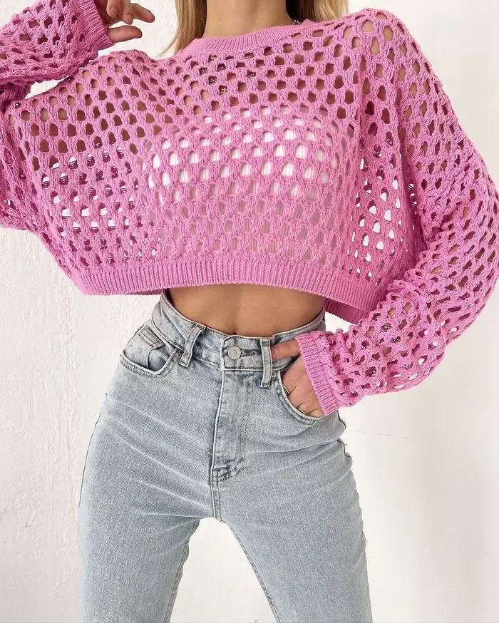 Pull ample à manches évasées et col rond pour femme, tricot ajouré