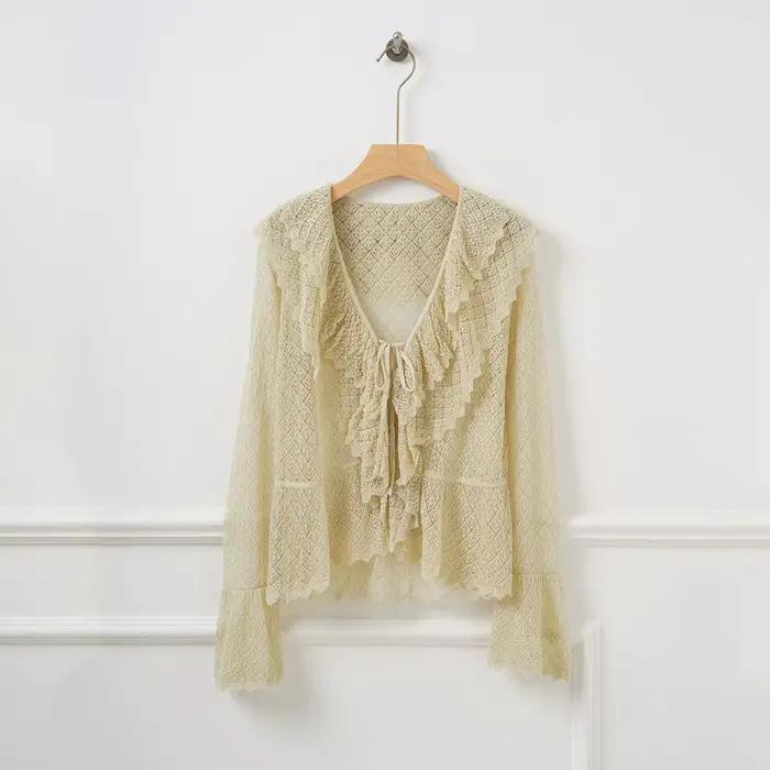 Cardigan en lin mélangé pour femme, col en V, dentelle crochetée, bordure à volants, manches évasées