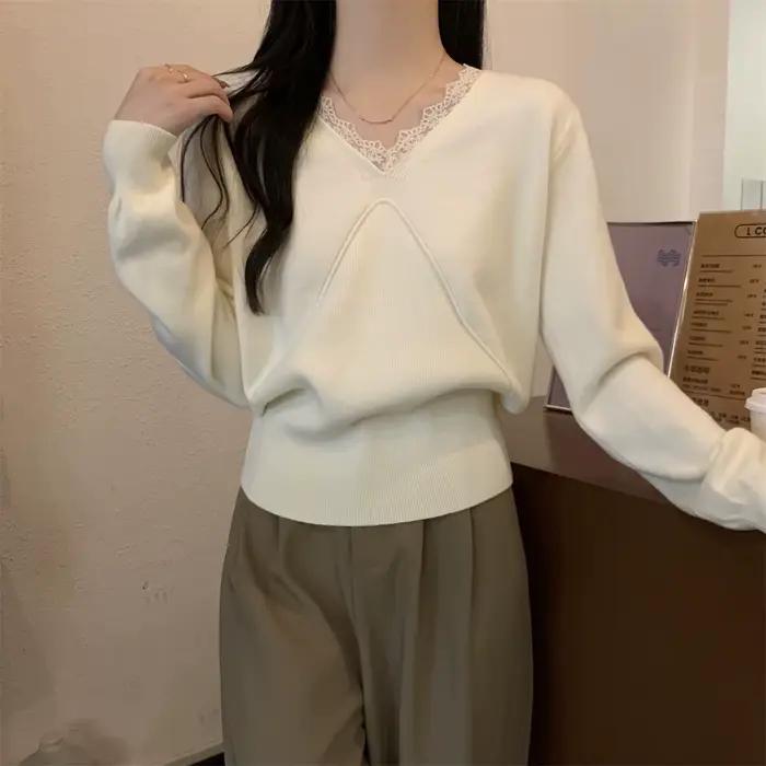 70 nouveaux pulls tricotés à col en V pour femmes au printemps et en été, un pull à manches longues 