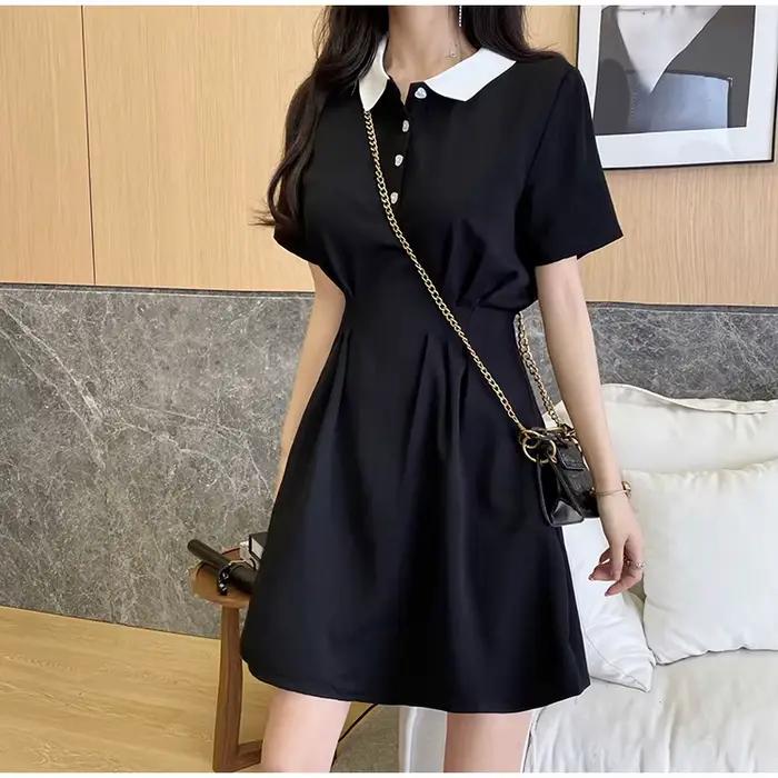 Robe polo pour femme à col contrastant, manches courtes, boutonnée devant, coupe trapèze, mini-robe 