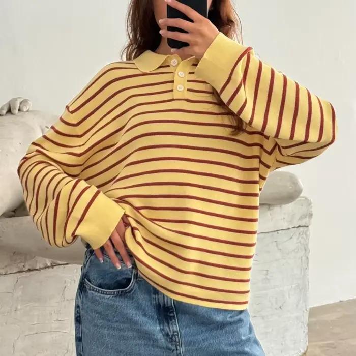 Y2k Vintage côtelé tricoté rayé col pull ample à manches longues pull hauts en tricot décontracté hi