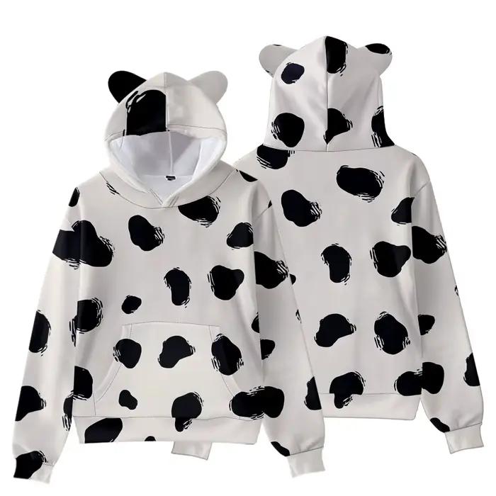 Sweat à capuche imprimé vache pour femmes, avec oreilles d'ours, mignon, décontracté, ample, pull as