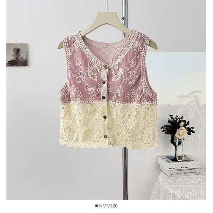 Gilet brodé pour femme, patchwork de dentelle, boutonné, tricot ajouré floral, sans manches, style c