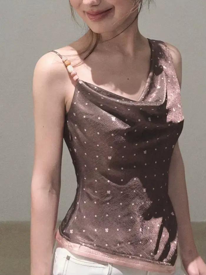 2026 Gilet asymétrique à épaule inclinée avec bretelles réglables et imprimé à pois, style gilet de 