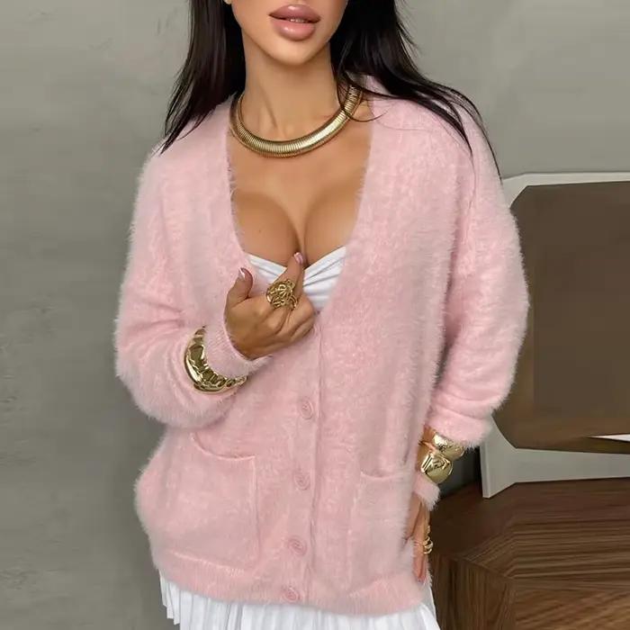 Pull en peluche femmes automne femmes col en V à manches longues bouton chandails pour femmes mantea